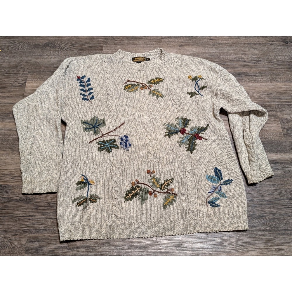 Eddie Bauer Vintage Embroidered Nature Cable Knit Sweater Gray XL V Code 6264